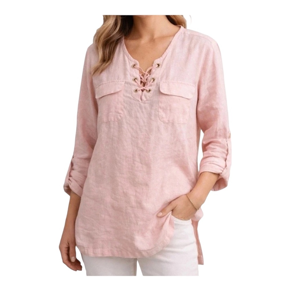 Ellen Tracy Linen Pullover Lace-Up White Tunic Top XL Roll Tab Sleeve - Picture 9 of 10